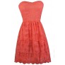 Cute Coral Pink Embroidered Dress, Coral Pink Strapless Party Dress, Coral Pink Cocktail Dress, Coral Pink Embroidered Sundress