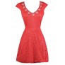 Coral Lace A-Line Dress, Cute Coral Dress, Coral Lace Party Dress, Coral Embellished Dress