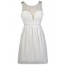Cute White Dress, White Sundress, White A-Line Dress, White Party Dress, White Crochet Neckline Dress