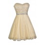 Gold Lace Embellished Holiday New Years Party Dress