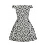 Off Shoulder A-Line Dress, Cute Printed Dress, Black and White Insignia Pattern Dress