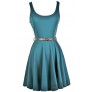 Teal Green Belted A-line Dress, Cute Country Dress, Teal Summer Dress