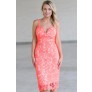 Coral Lace Pencil Dress, Coral Cocktail Dress, Cute Coral Summer Dress