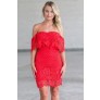Red crochet lace off shoulder dress, Cute Juniors Dress Online