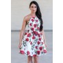 Red and White Rose Print Party Dress, Cute Juniors Dress Online