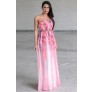 Pink Floral Print Maxi Dress, Watercolor Prom Dress