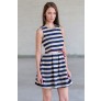 Navy and Beige Stripe Dress, Cute Summer A-Line Party Dress