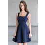 Navy Scalloped A-Line Party Dress, Cute Navy Summer Dress