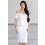 Off White Off Shoulder Peplum Pencil Dress, Cute Work Sheath Dress