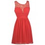 Cute Coral Dress, Coral Crochet Neckline Dress, Coral A-Line Dress, Coral Party Dress, Coral Sundress