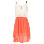 Orange Coral and Ivory Lace and Chiffon Flutter Top High Low Dress, Cute Orange Coral and Ivory Lace Summer Dress, Cute Juniors Dress