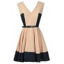 Beige and Navy Colorblock Dress, Navy and Taupe A-Line Dress, Navy and Beige Belted Colorblock Dress