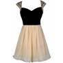 Black and Beige Beaded Shoulder Homecoming Party Dress