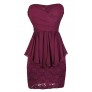 Magenta Lace Dress, Magenta Cocktail Dress, Magenta Party Dress, Magenta Peplum Lace Dress, Magenta Strapless Lace Dress