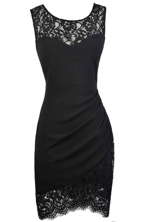 18189 Black One Sleeve Lace Pencil Dress