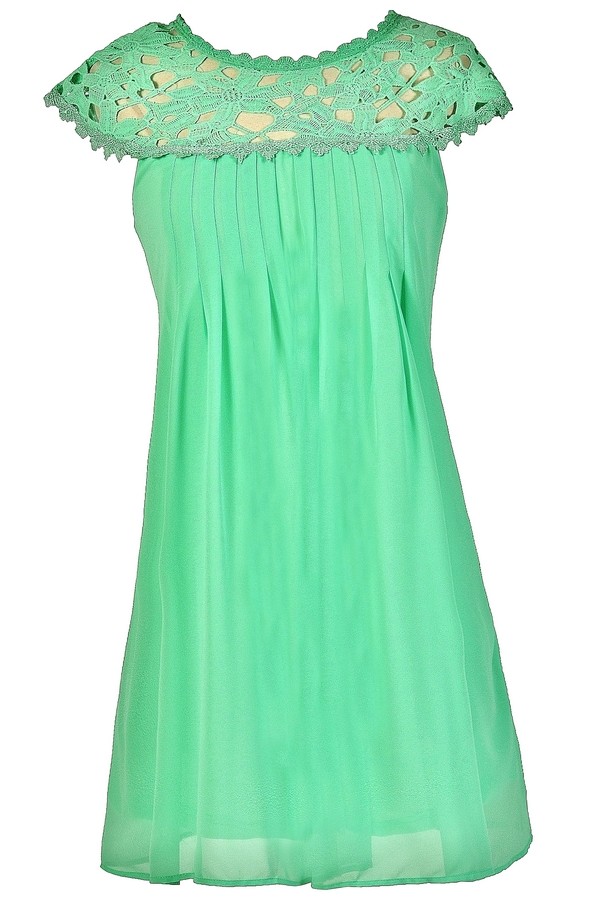 Mint Crochet Lace Dress, Mint Shift Dress, Mint Lace Neckline Dress