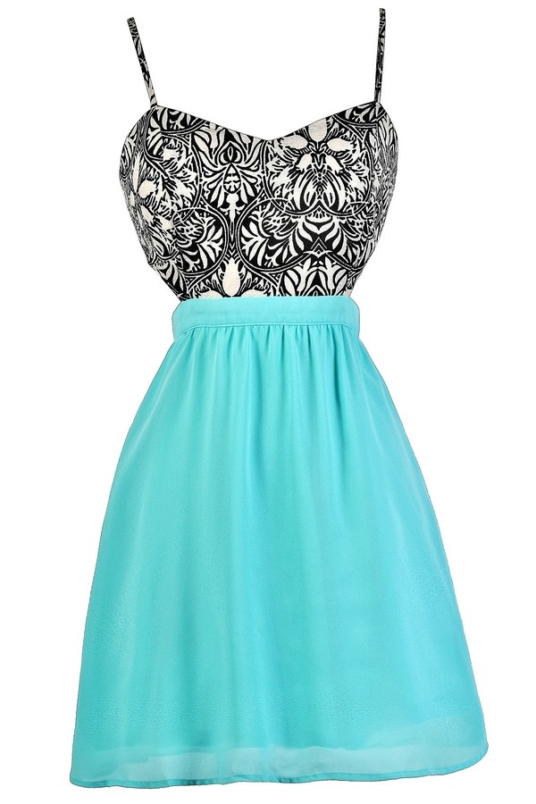 Sky Blue Cutout Dress, Cute Summer Dress, Aqua Black and White Printed ...