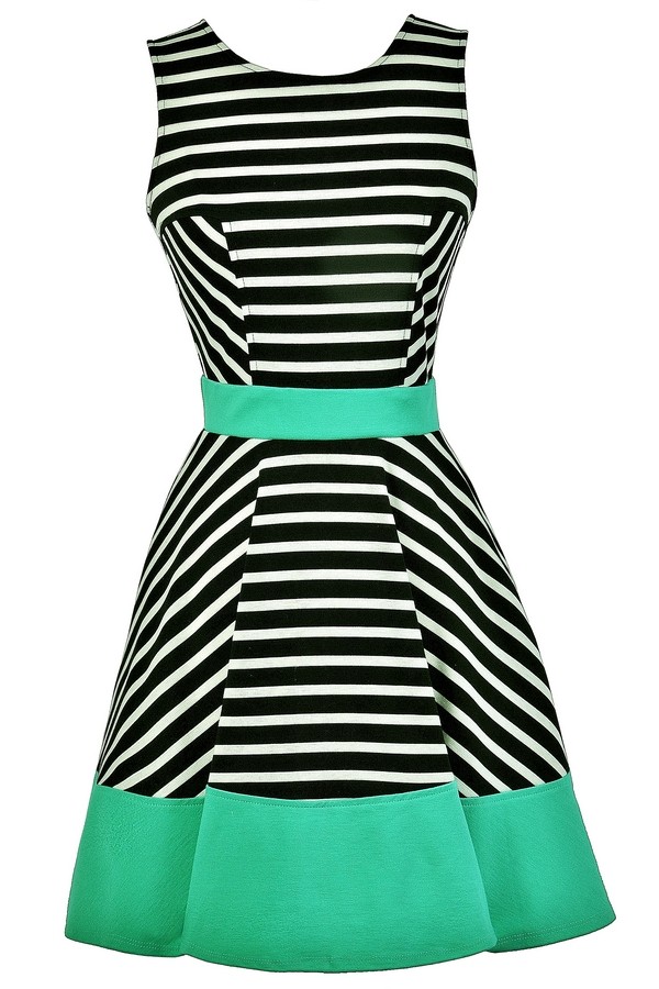 Black and White Green Stripe Dress, Black and White Stripe A-Line Dress ...