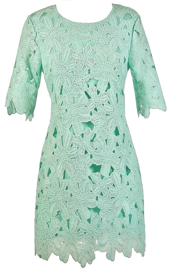 Lace Top Sheath Dress with Cascading Ruffles Mint Green