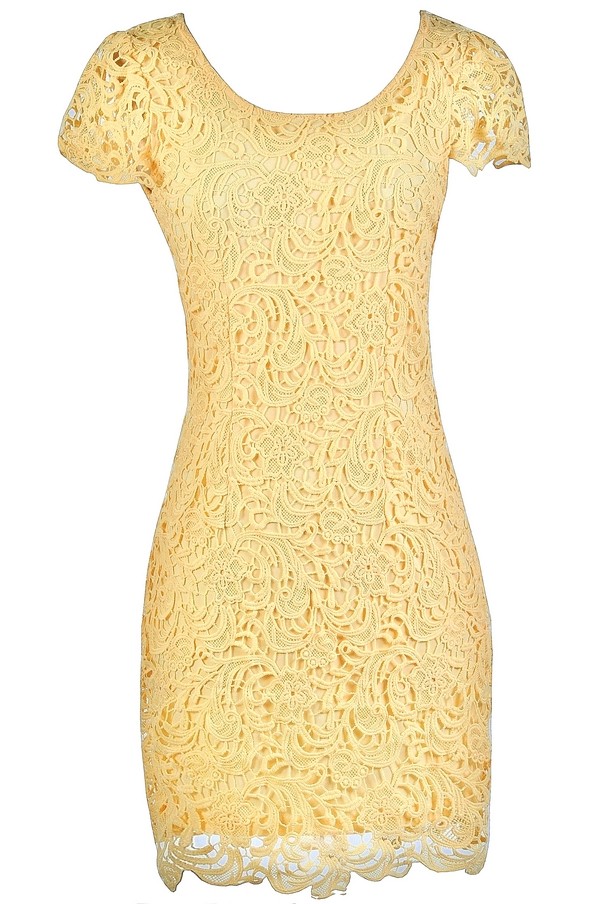 Yellow Capsleeve Lace Dress, Yellow Lace Pencil Dress, Cute Yellow ...