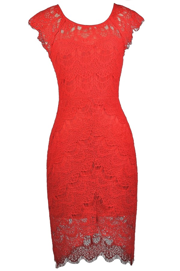 Red Lace Sheath Dress, Red Lace High Low Dress, Red Lace Party Dress ...