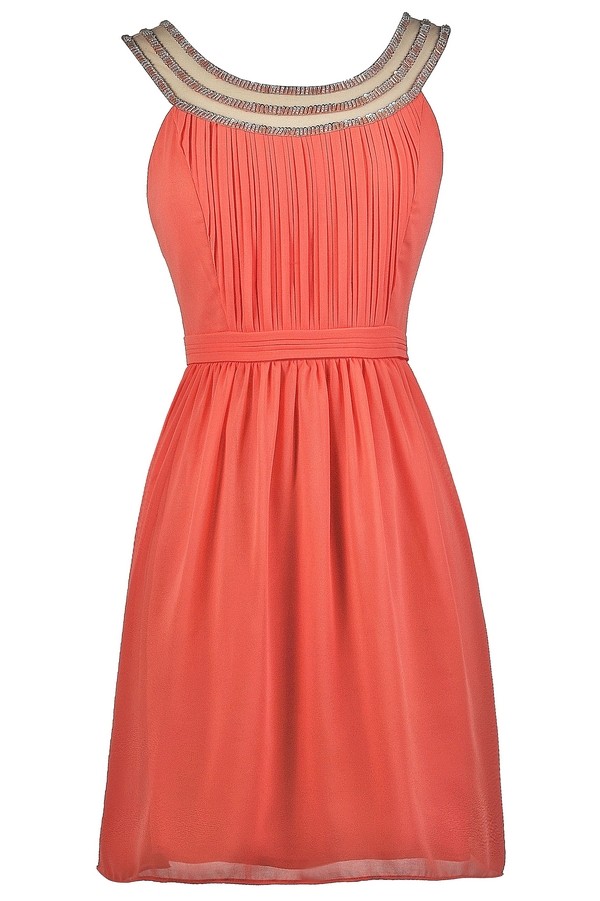 Coral Embellished Neckline Dress, Cute ...