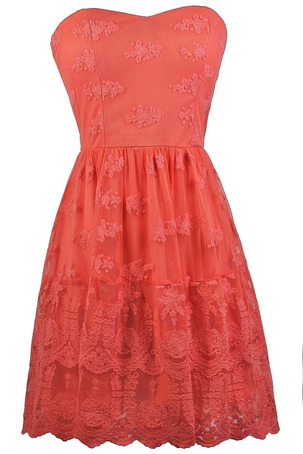 Coral Pink Embroidered Strapless Dress, Cute Coral Pink A-Line Dress ...