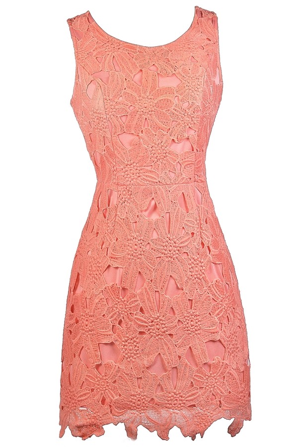 Peachy Pink Lace Sheath Dress, Peach Lace Cocktail Dress, Cute Peach