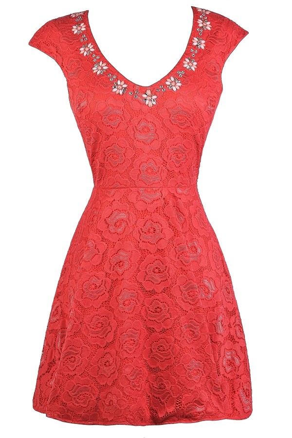 Coral Lace A-Line Dress, Cute Coral Dress, Coral Lace Party Dress Lily ...