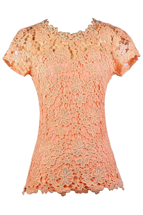 Orange Peach Lace Top, Cute Lace Top, Pearl Lace Top, Lace Capsleeve ...