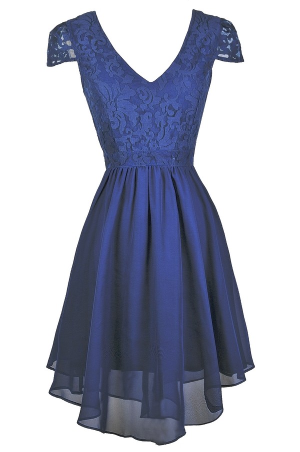 Blue High Low Dress, Blue Capsleeve Party Dress, Blue Capsleeve ...
