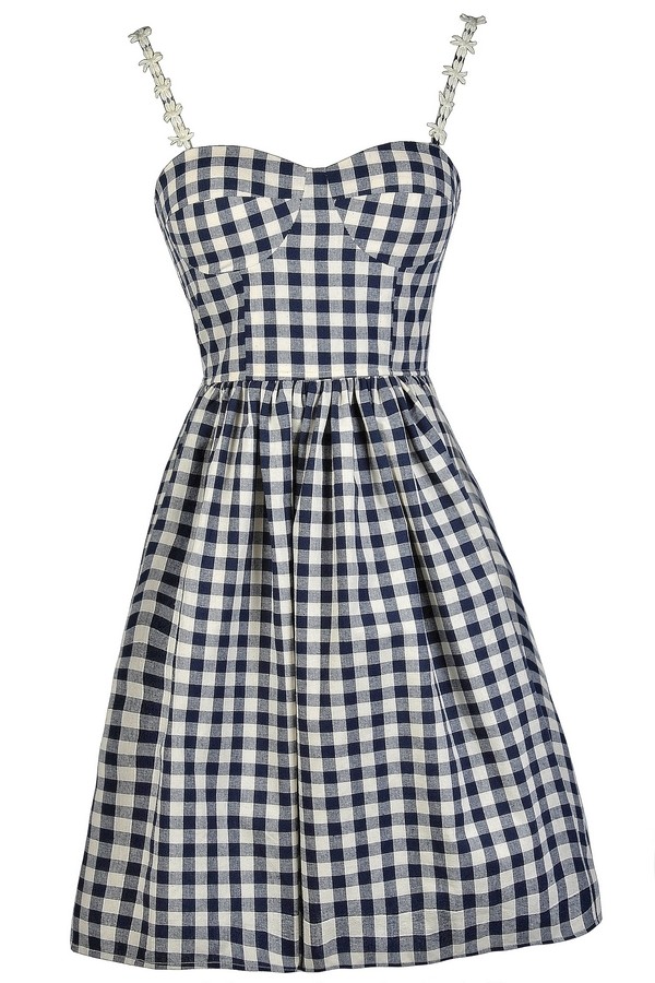 Navy Gingham Dress, Cute Gingham Dress, Gingham Pattern Dress, Navy and