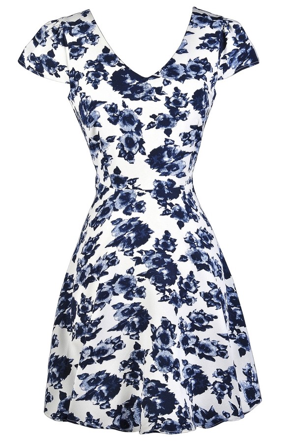 Blue and White Floral Print Sundress, Cute Blue Floral Dress, Blue and ...