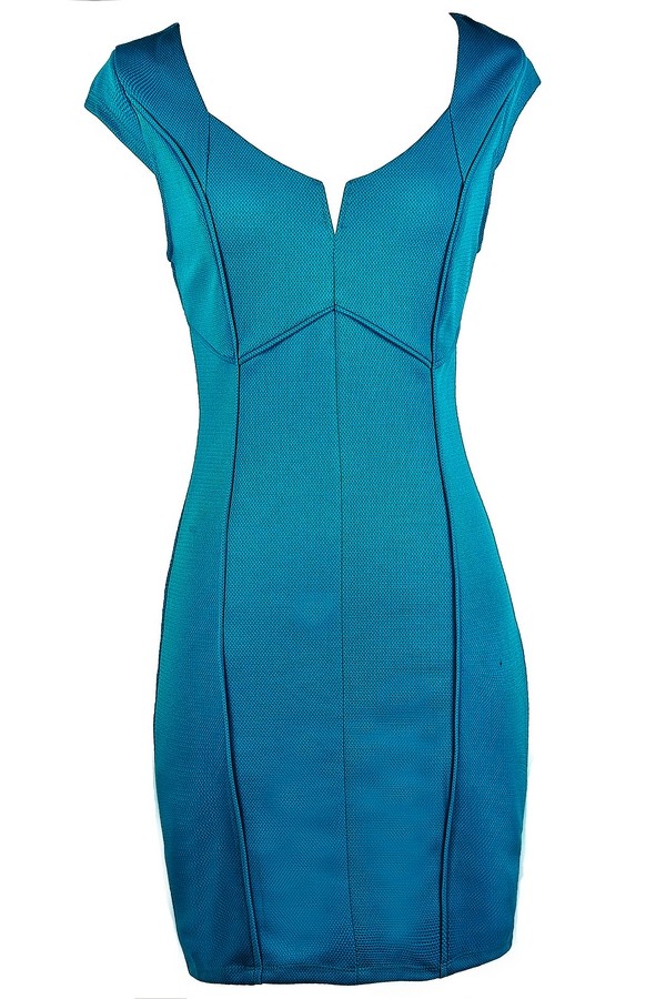 Teal Blue Pencil Dress, Cute Work Dress, Bright Blue Pencil Dress, Teal