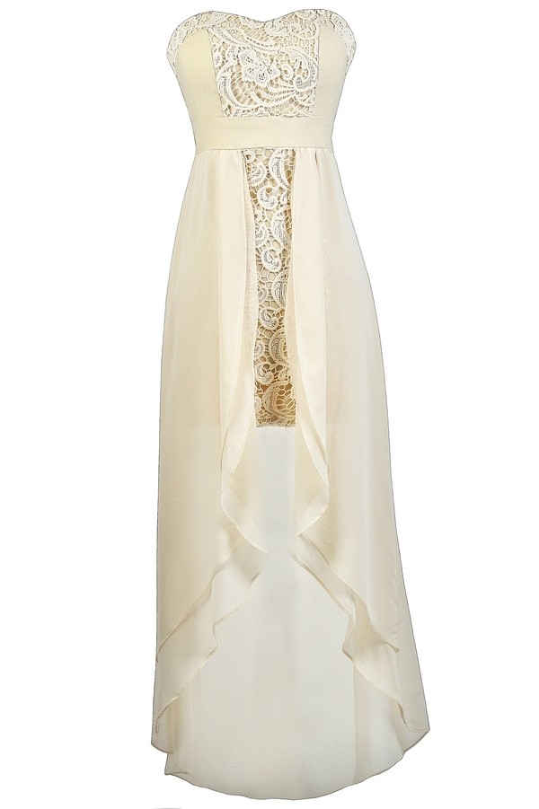 Beige Lace Dress, Beige High Low Dress, Beige Lace Party Dress, Cute Homecoming Dress, Beige ...