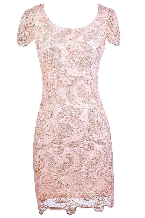 Pale Pink and Gold Capsleeve Lace Dress, Pink Crochet Lace Pencil Dress ...