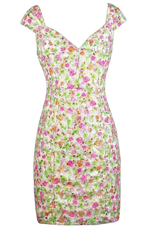 Pink and Green Lace Dress, Floral Print Lace Dress, Pink and Green Capsleeve Lace Dress, Pink