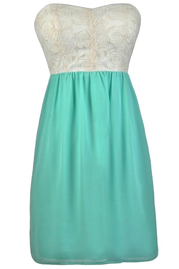 Beige and Mint Embroidered Dress, Mint Embroidered Sundress, Cute
