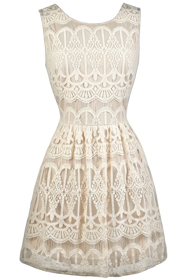 Beige Lace A-Line Dress, Cute Beige Dress, Beige Lace Rehearsal Dinner Dress, Beige Lace Bridal ...