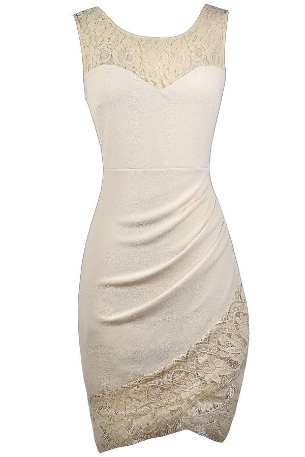 Beige Lace Pencil Dress, Cute Beige Dress, Beige Lace Trim Dress, Beige Lace Cocktail Dress Lily 