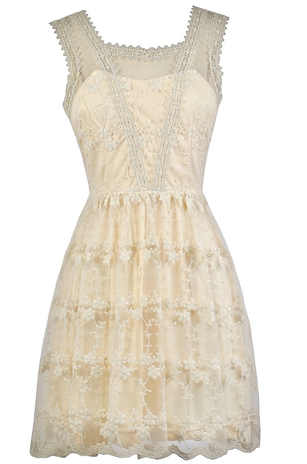 Cream Embroidered Dress, Cute Cream Dress, Cream ALine Dress Lily Boutique