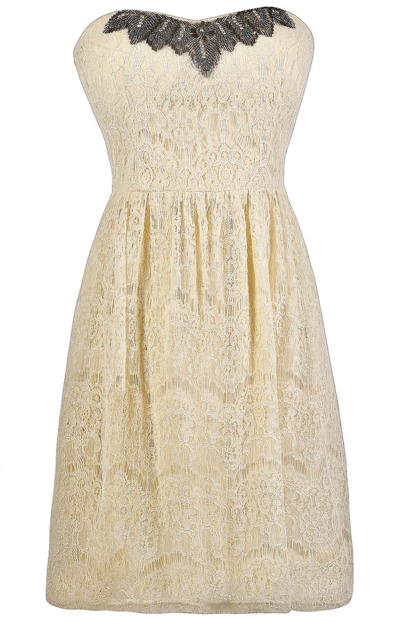 Ivory and Gunmetal Grey Lace Dress, Ivory Embellished Lace Dress, Cute