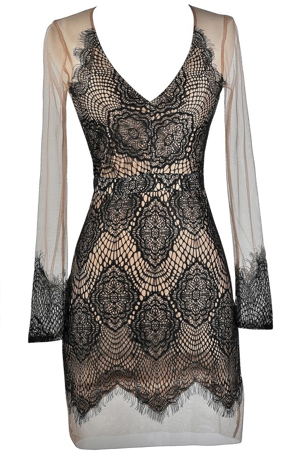 Black and Beige Mesh Lace Dress, Cute Black Fitted Dress, Lace Cocktail Dress, Lace Party Dress 