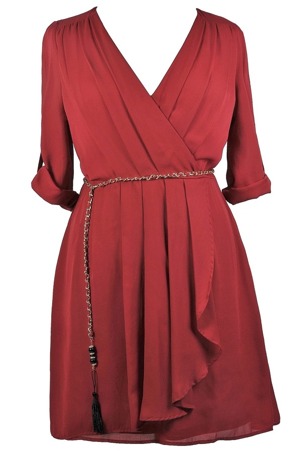Burgundy Red Plus Size Wrap Dress, Cute Plus Size Dress, Red Plus Size ...