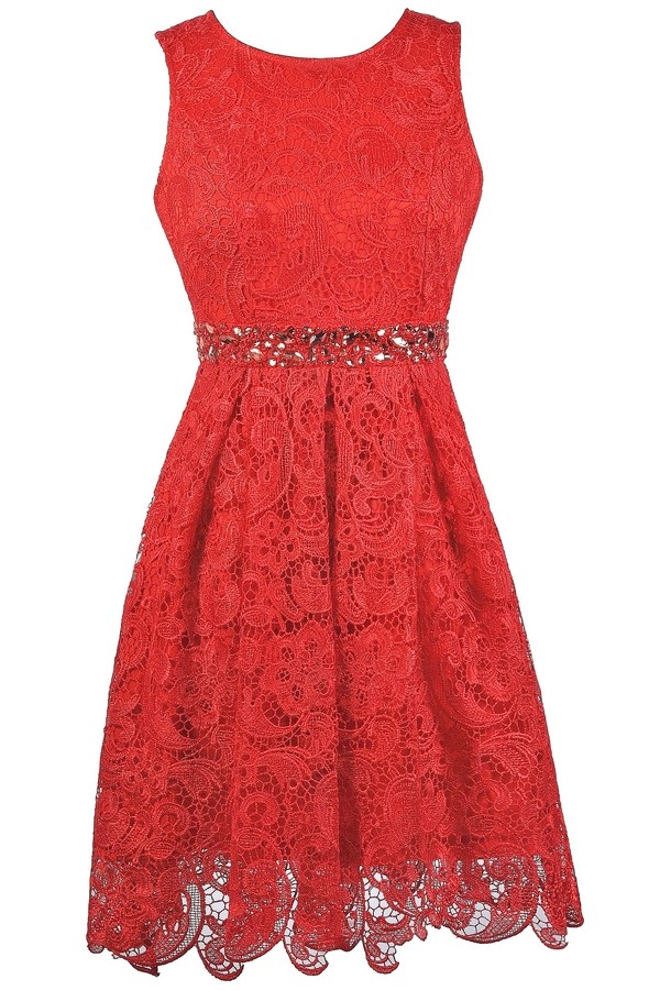 Red Lace A-Line Dress, Red Lace Party Dress, Red Lace Bridesmaid Dress ...