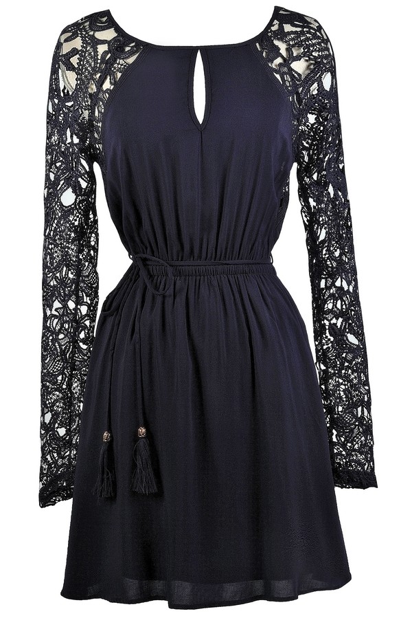 Navy Crochet Sleeve Dress, Cute Navy Dress, Cute Fall Dress, Boho Dress