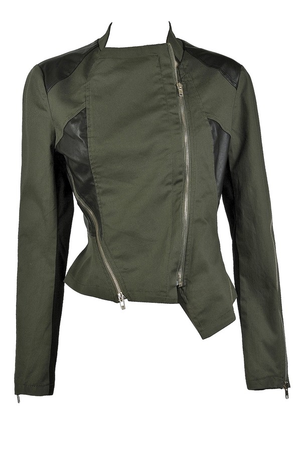 Olive and Black Crossover Jacket | Cute Moto Jacket | Cute Fall Jacket ...