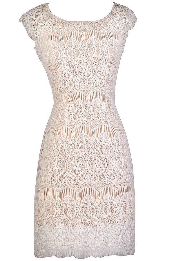 White and Beige Lace Dress, White Lace Dress, Cute Rehearsal Dinner ...