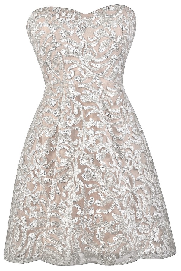 5147 Beige Sequins Detail Evening Dress