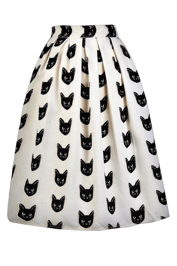 Black Cat Print Skirt, Cat Print ALine Skirt, Beige and Black Cat